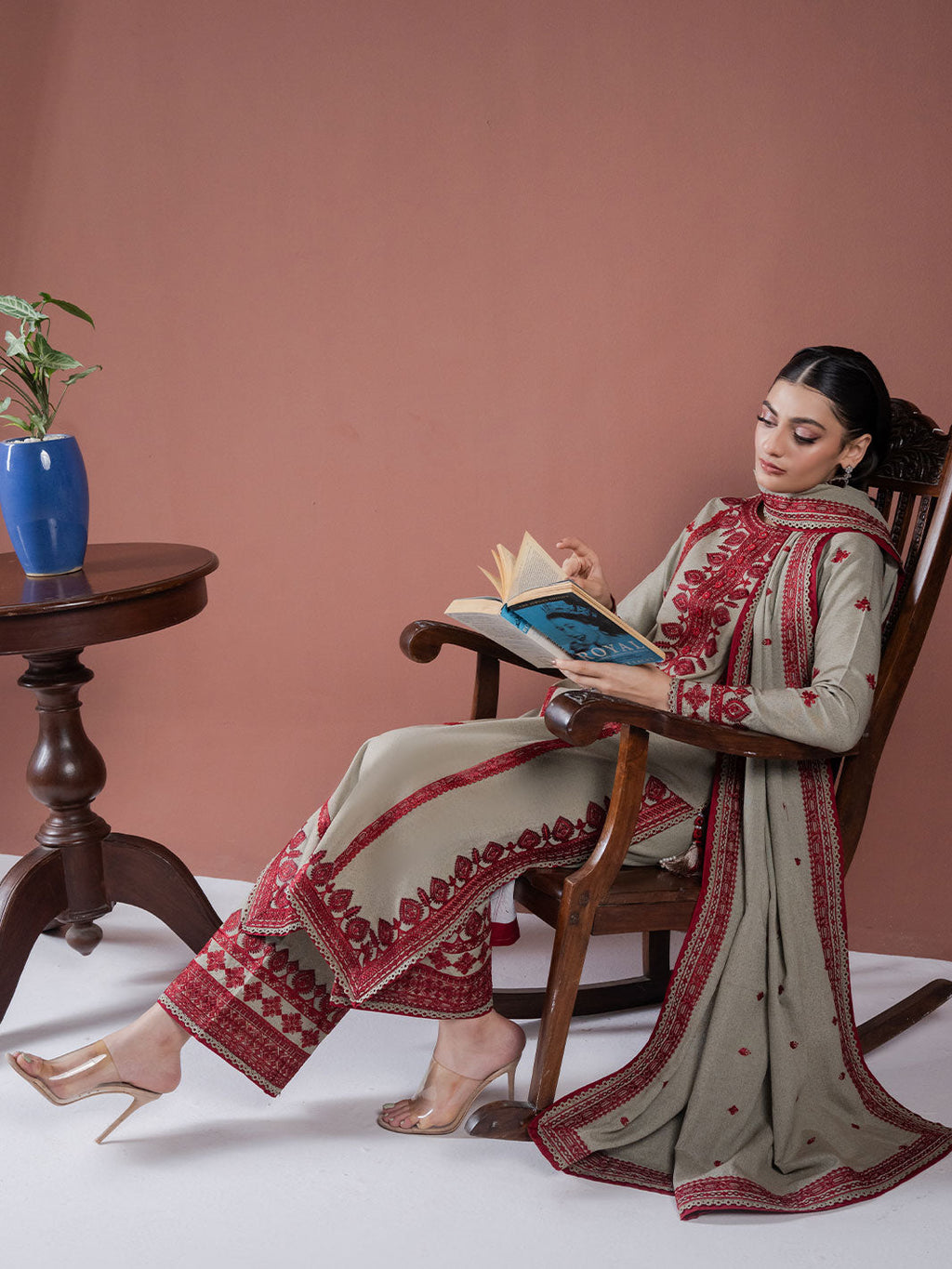 ASIM JOFA-3PC DHANAK EMBROIDERED SHIRT WITH DHANAK EMBROIDERED SHAWL AND EMB TROUSER-DPC-4001