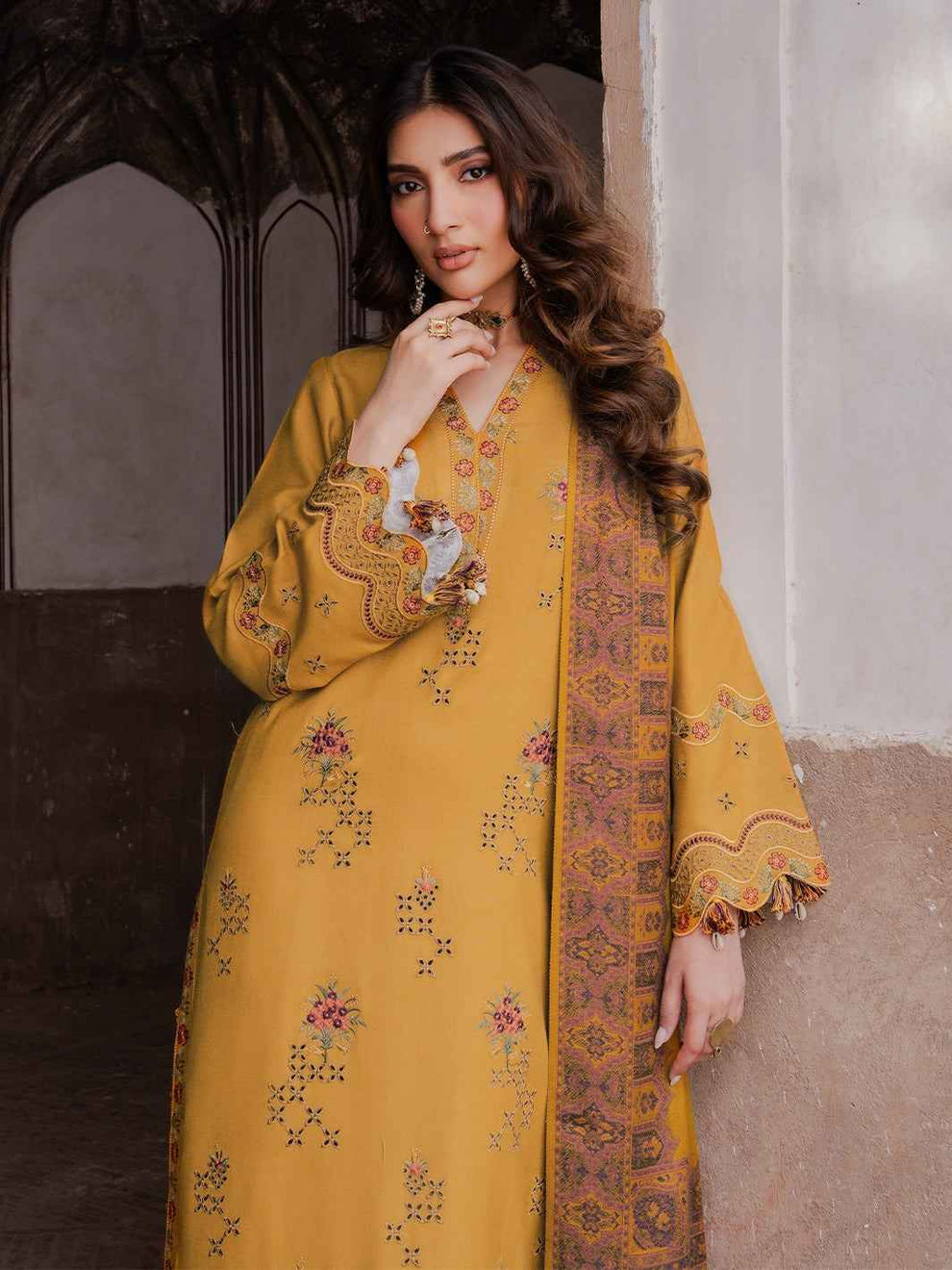 IZEL-3PC DHANAK EMBROIDERED SHIRT WITH COURTRAI PRINTED SHAWL & TROUSER-DPC-4353
