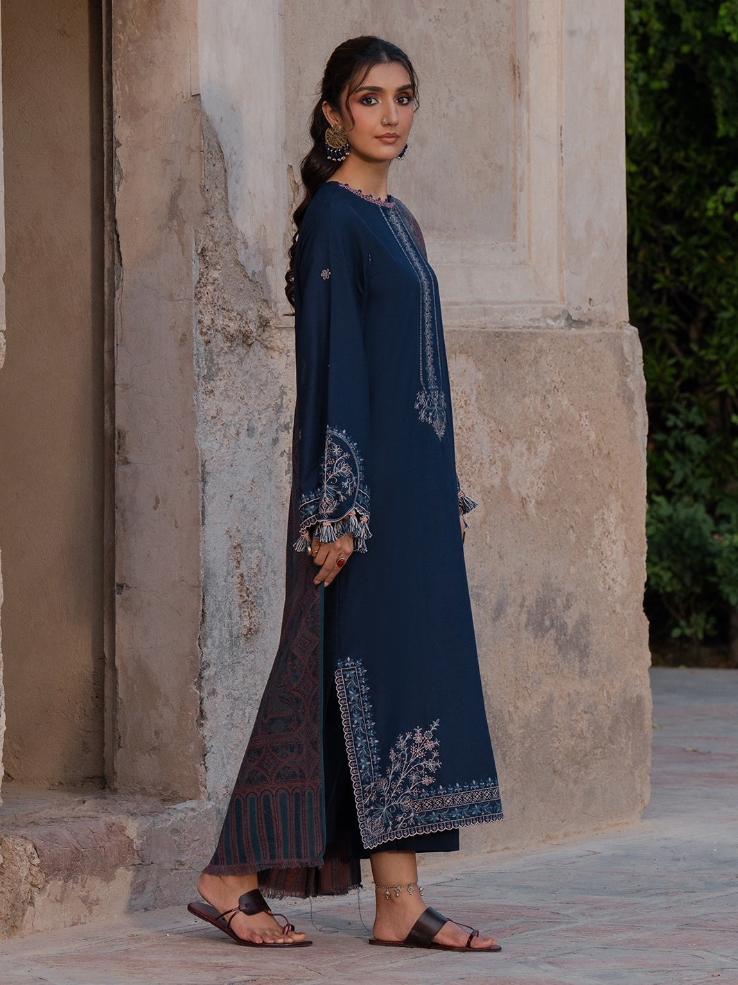 IZEL-3PC DHANAK EMBROIDERED SHIRT WITH COURTRAI PRINTED SHAWL & TROUSER-DPC-160
