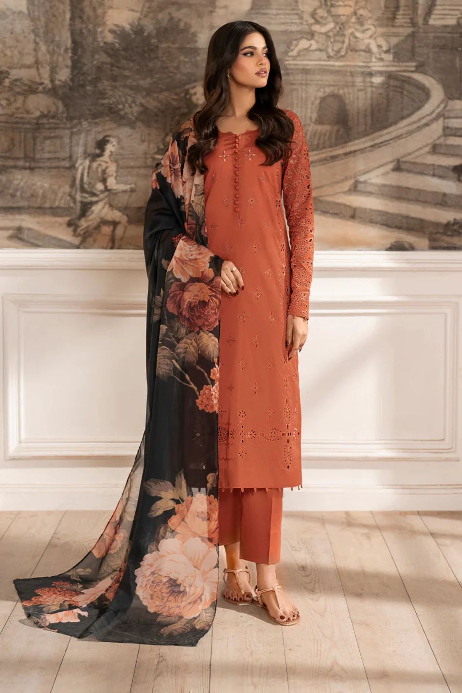 IZNIK-3PC DHANAK CHIKAN EMBROIDERED SHIRT WITH COURTRAI PRINTED SHAWL AND TROUSER DPC-4188