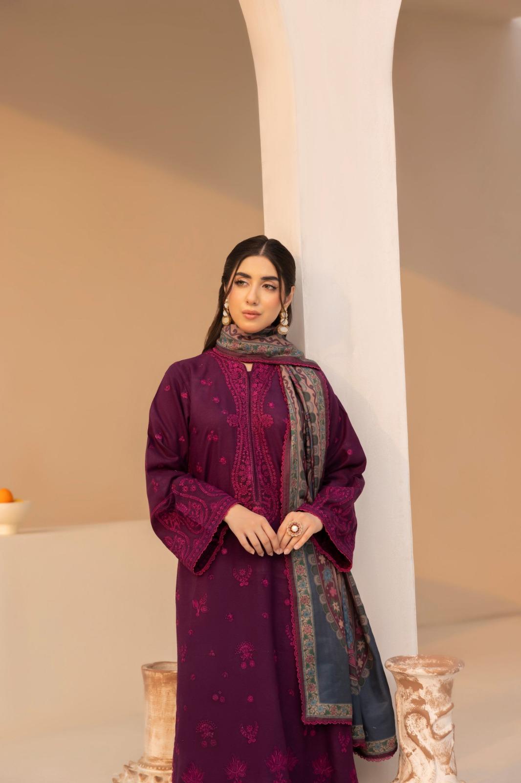 SERAN-3PC DHANAK EMBROIDERED SHIRT WITH COURTRAI PRINTED SHAWL & TROUSER-DPC-109