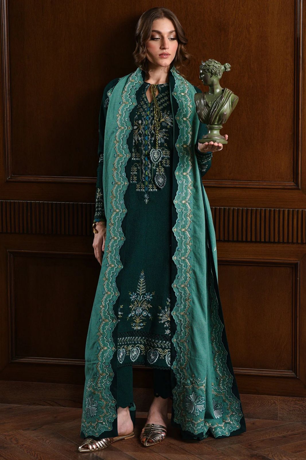 BATIK-3PC KARANDI EMBROIDERED SHIRT WITH DHANAK EMBROIDERED SHAWL AND TROUSER-DPC-4332