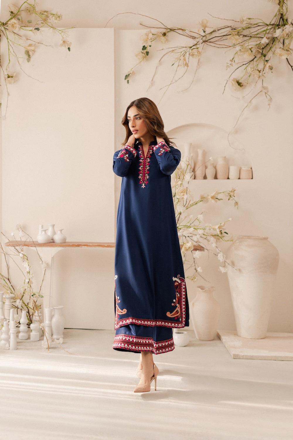 ZIVA - 3PC DHANAK EMBROIDERED SHIRT WITH COUTURE WOOL PRINTED SHAWL & TROUSER-DPC-3419