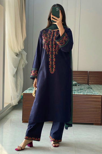 ZIVA-3PC DHANAK EMBROIDERED SHIRT WITH BAMBER CHIFFON DUPATTA AND EMB TROUSER-DPC-4076