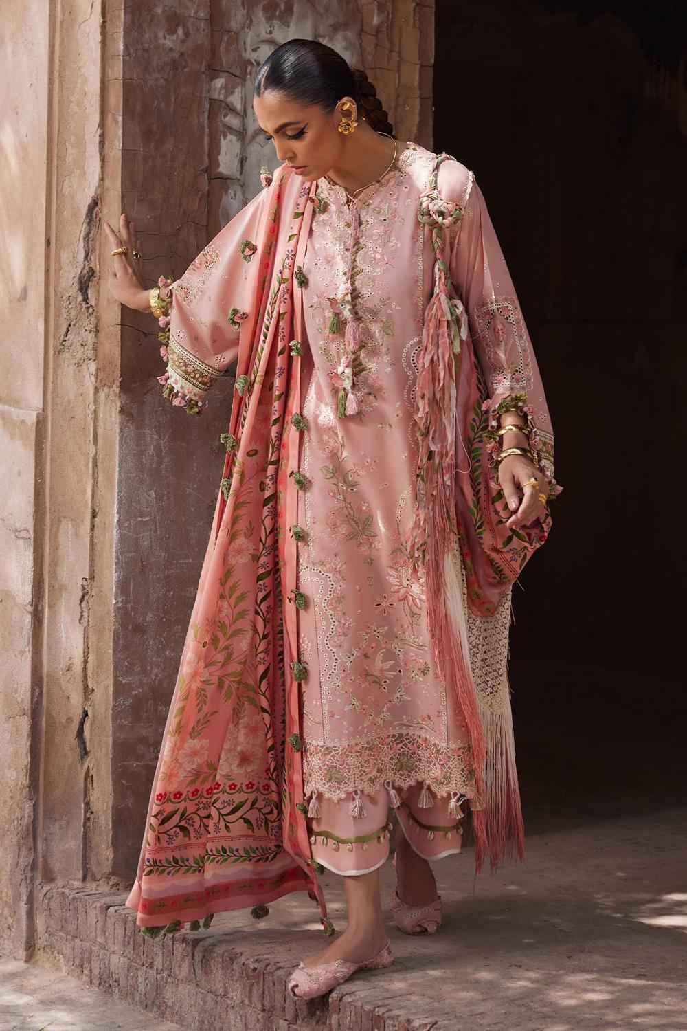 ELAN-3PC DHANAK EMBROIDERED SHIRT WITH COURTRAI PRINTED SHAWL & TROUSER-DPC-4372