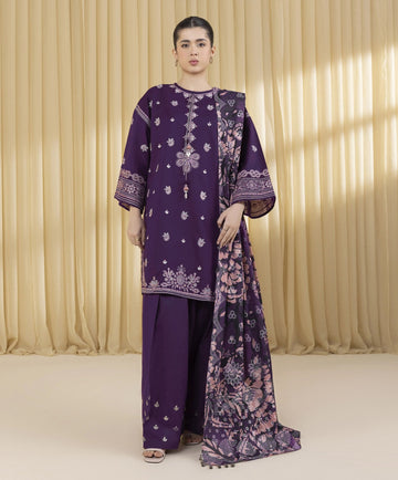 SAPPHIRE-3PC DHANAK EMBROIDERED SHIRT WITH DHANAK EMBROIDERED SHAWL AND EMB TROUSER-DPC-152