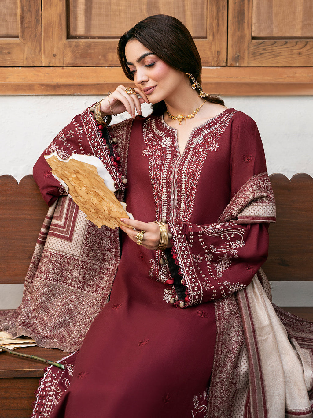 IZEL-3PC KHADDAR EMBROIDERED SHIRT WITH COURTRAI PRINTED SHAWL & TROUSER-DPC-4384