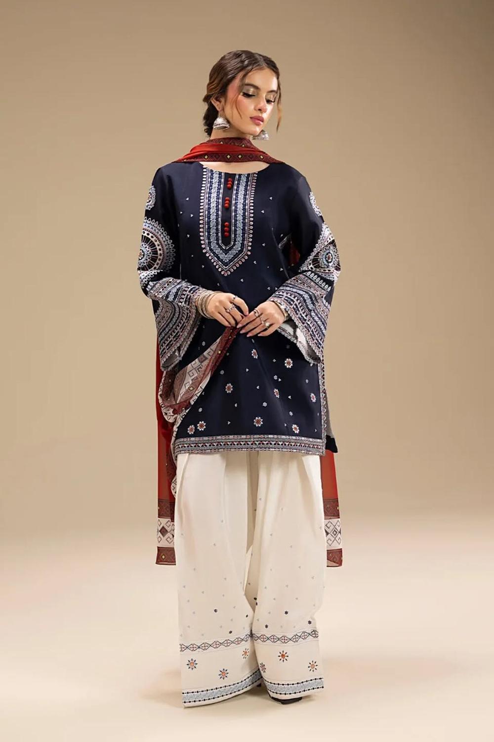 JAZMIN-3PC DHANAK EMBROIDERED SHIRT WITH CORTRAI WOOL PRINTED SHAWL AND EMB TROUSER-DPC-4080