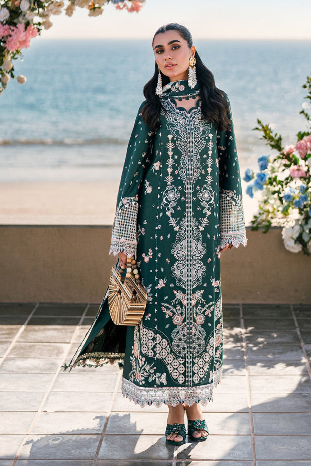 QALAMKAR-3PC DHANAK EMBROIDERED SHIRT WITH KASHMIRI WOOL SHAWL & TROUSER-DPC-35