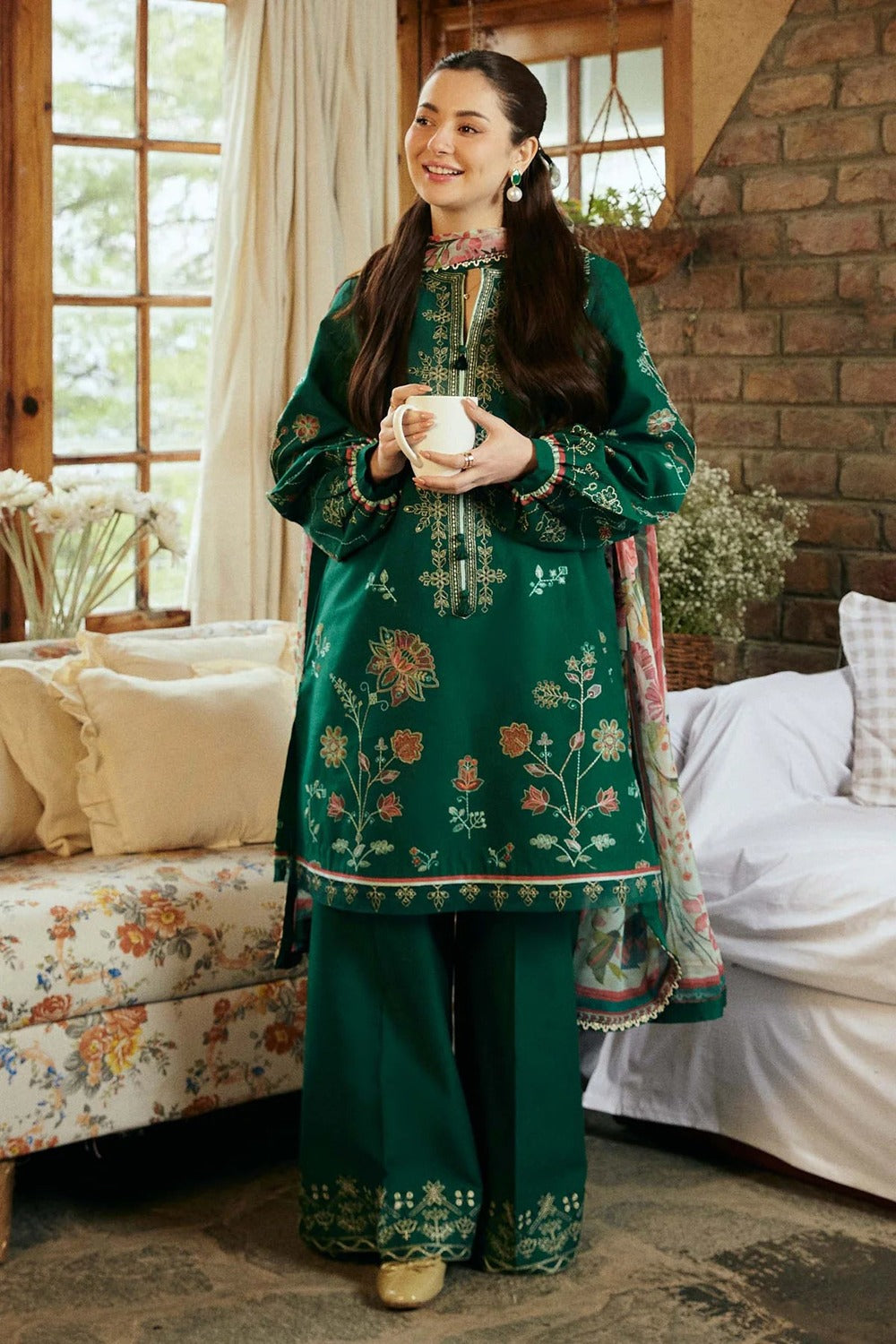 ZARA SHAH JAHAN-3PC DHANAK EMBROIDERED SHIRT WITH COUTRAI PRINTED SHAWL & EMB TROUSER-DPC-25