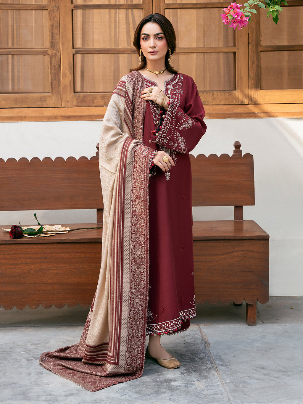 IZEL-3PC DHANAK EMBROIDERED SHIRT WITH COURTRAI PRINTED SHAWL & TROUSER-BIC-4384