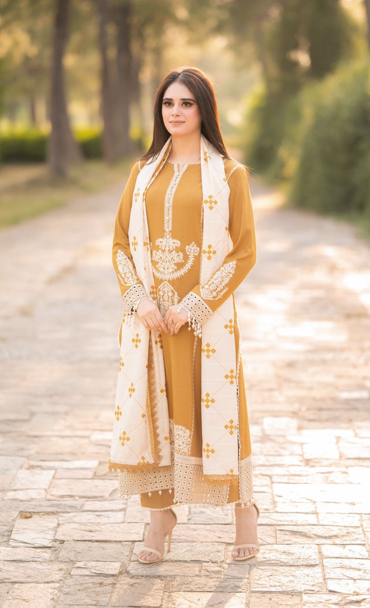 LIBAAS-3PC DHANAK EMBROIDERED SHIRT WITH DHANAK EMBROIDERED SHAWL AND TROUSER DPC-138