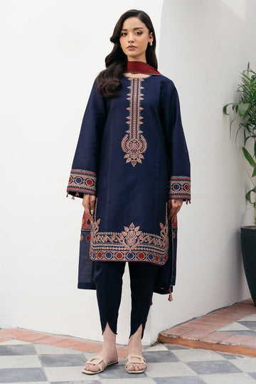 JAZMIN-3PC DHANAK EMBROIDERED SHIRT WITH COURTRAI PRINTED SHAWL AND TROUSER-DPC-23