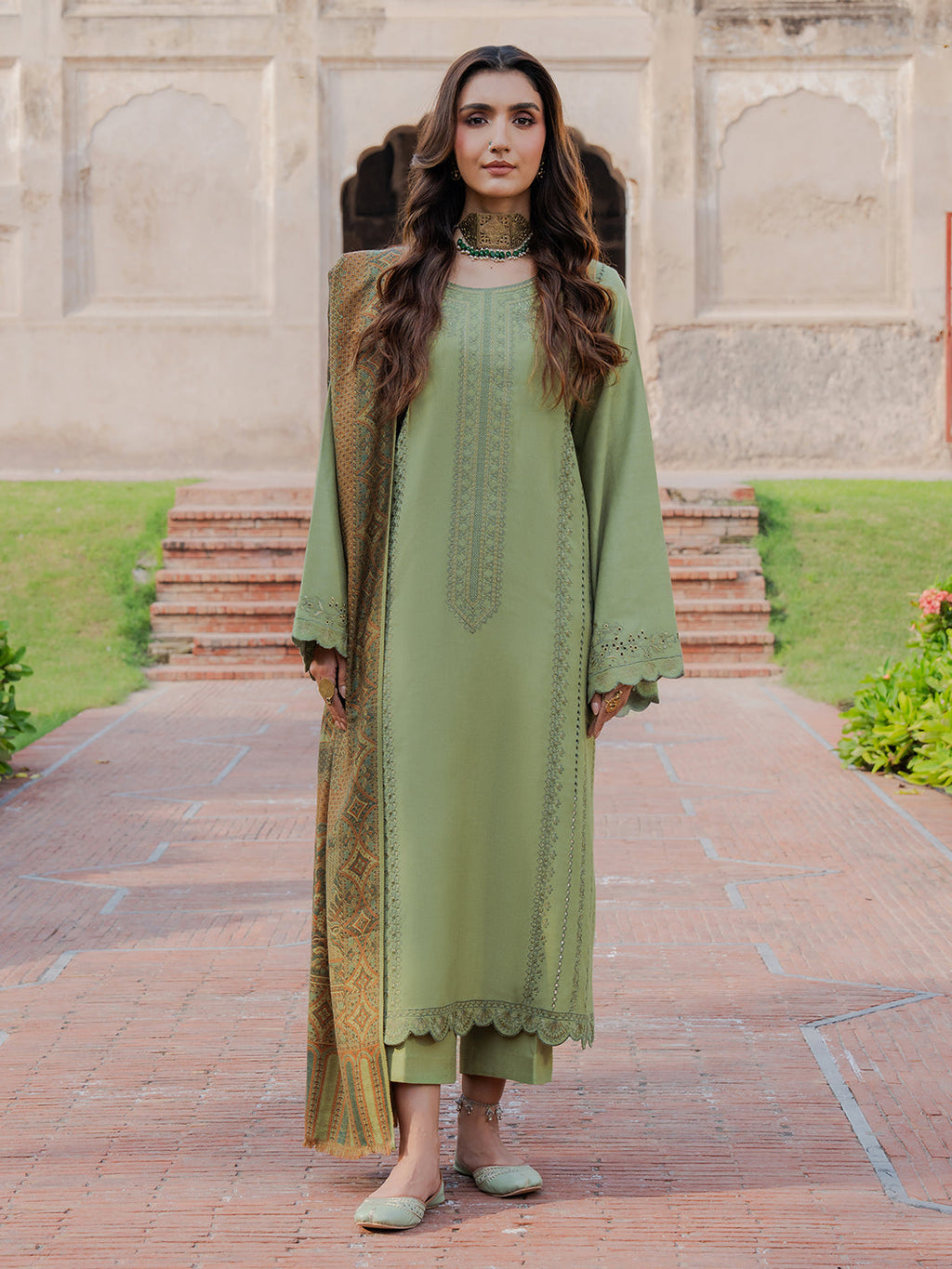 IZEL-3PC DHANAK EMBROIDERED SHIRT WITH COURTRAI PRINTED SHAWL & TROUSER-DPC-4349