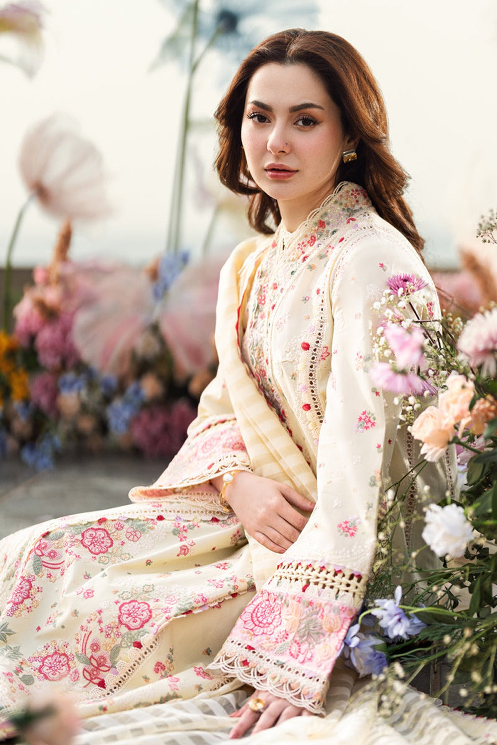 QALAMQAR-3PC DHANAK EMBROIDERED SHIRT WITH DHANAK EMBROIDERED SHAWL AND TROUSER-DPC-61