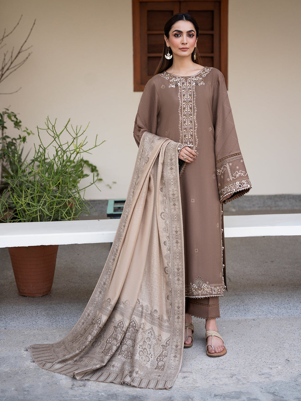 IZEL-3PC DHANAK EMBROIDERED SHIRT WITH COURTRAI PRINTED SHAWL & TROUSER-DPC-4388