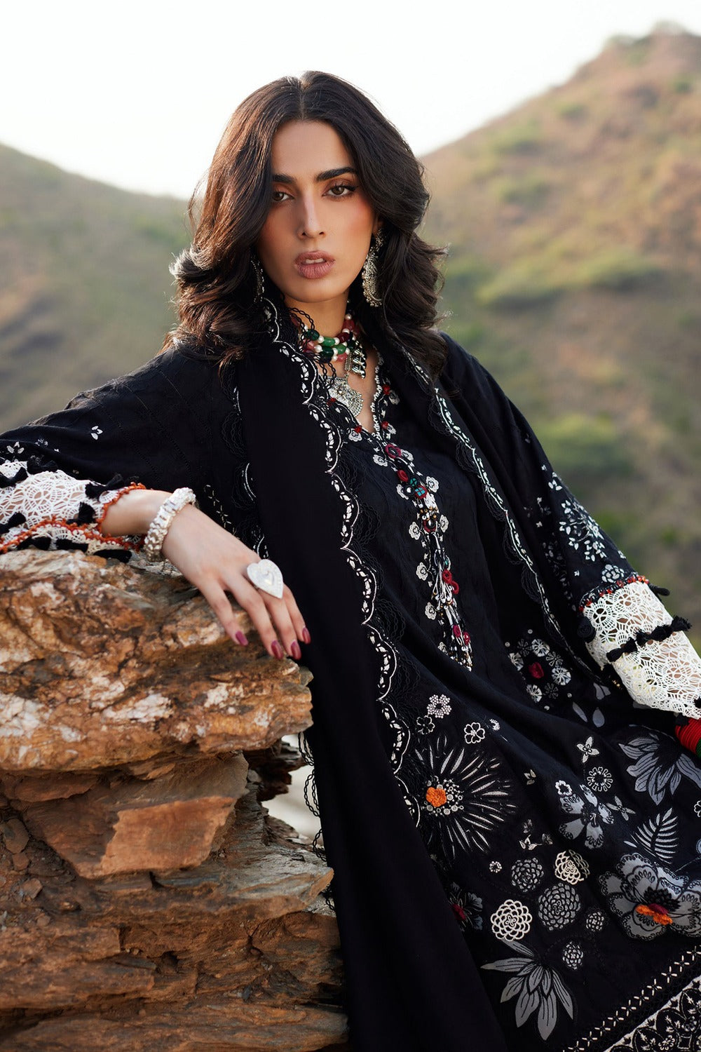 ELAN-3PC DHANAK EMBROIDERED SHIRT WITH DHANAK EMBROIDERED SHAWL AND TROUSER-DPC-18