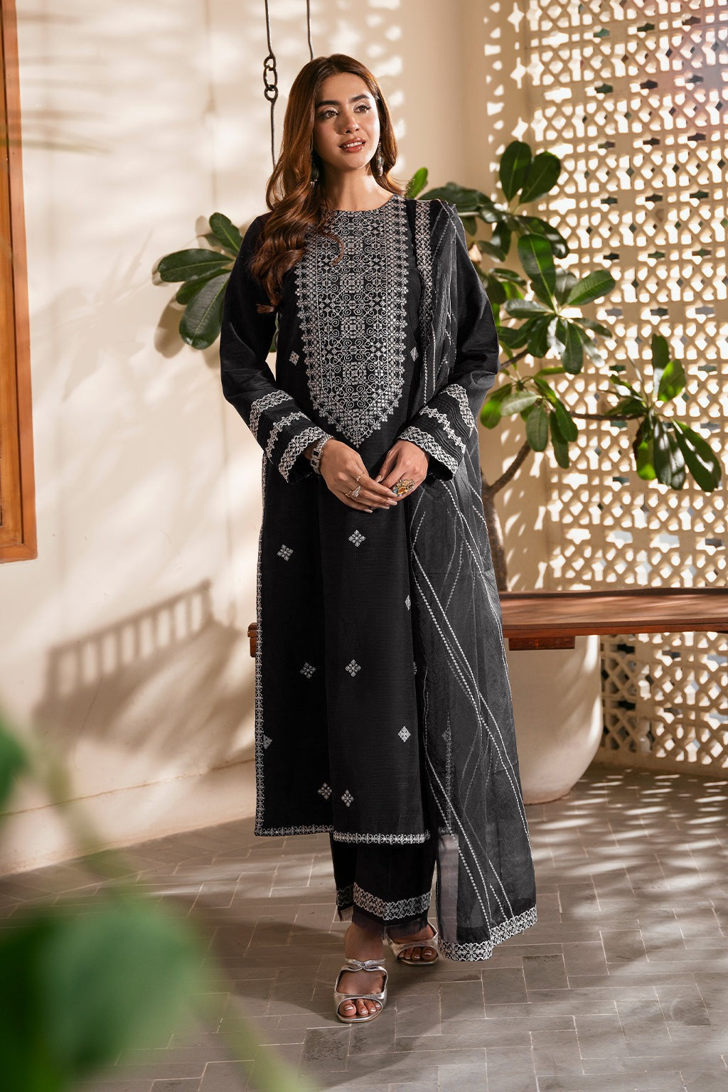 SHEENORA-3PC DHANAK EMBROIDERED SHIRT WITH CHIFFON EMBROIDERED DUPATTA AND TROUSER-DPC-63