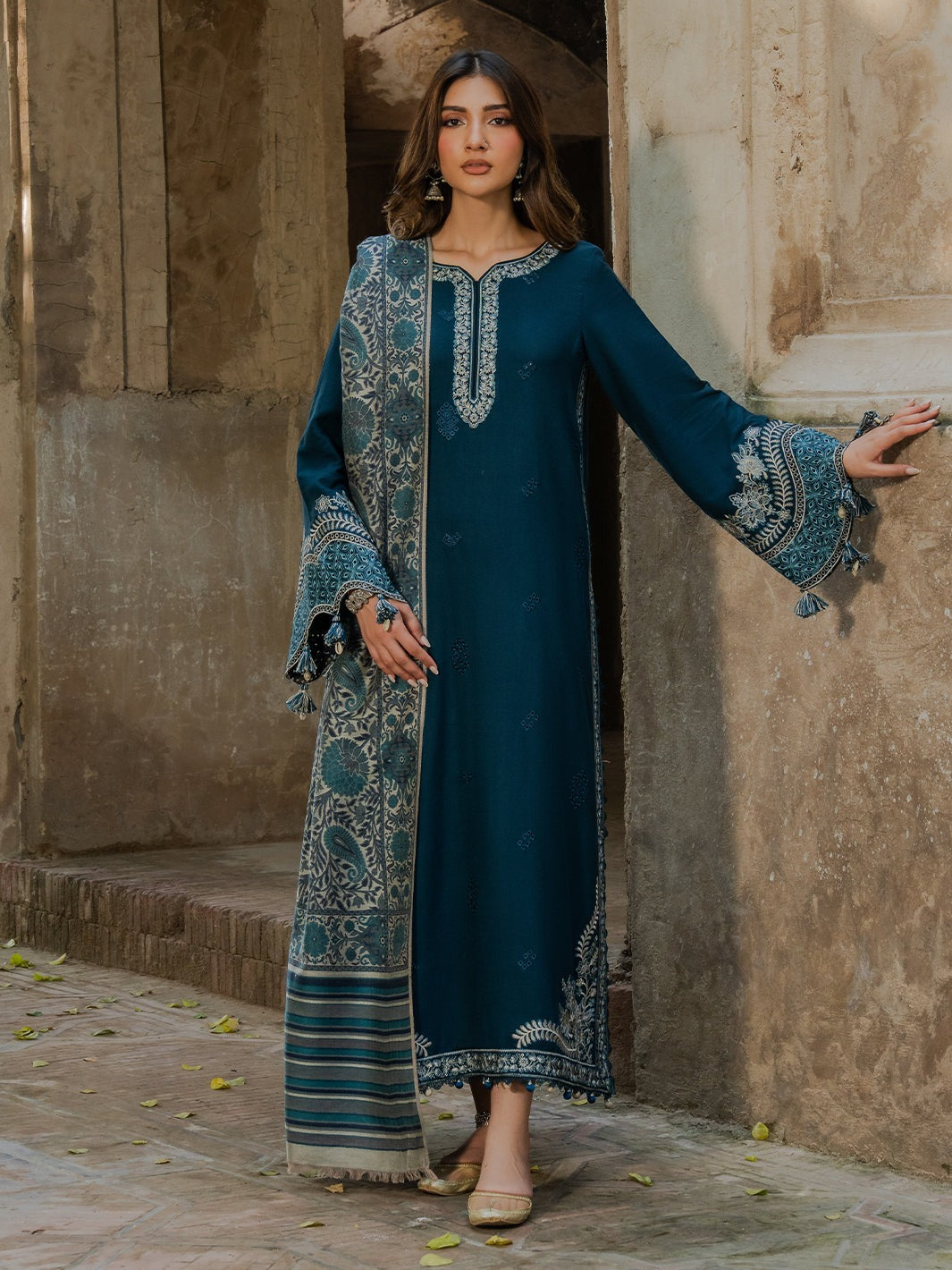 IZEL-3PC DHANAK EMBROIDERED SHIRT WITH COURTRAI PRINTED SHAWL & TROUSER-DPC-161