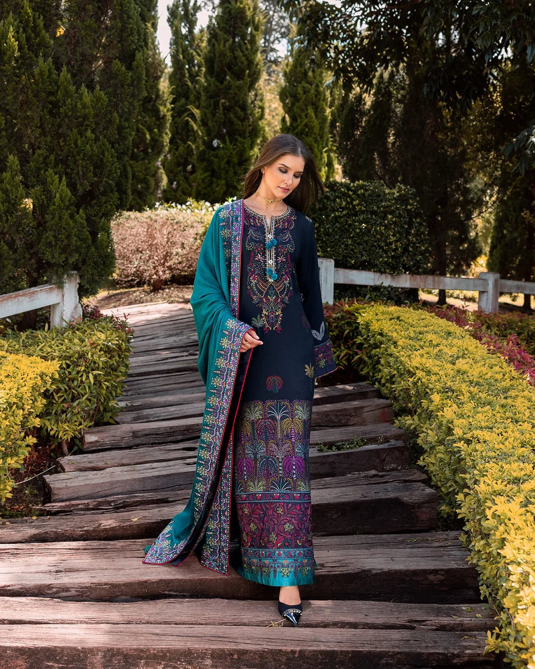 MUSHQ-3PC DHANAK EMBROIDERED SHIRT WITH DHANAK EMBROIDERED SHAWL AND EMB TROUSER -DPC-4191