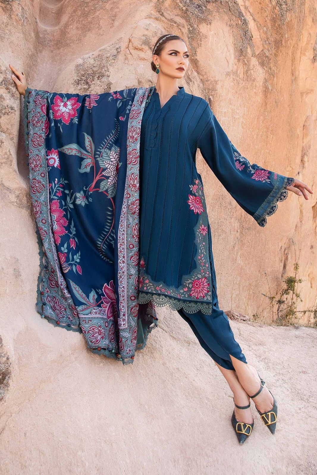 MARIA B - 3PC DHANAK EMBROIDERED SHIRT WITH COUTURE PRINT SHAWL AND TROUSER-DPC-2640
