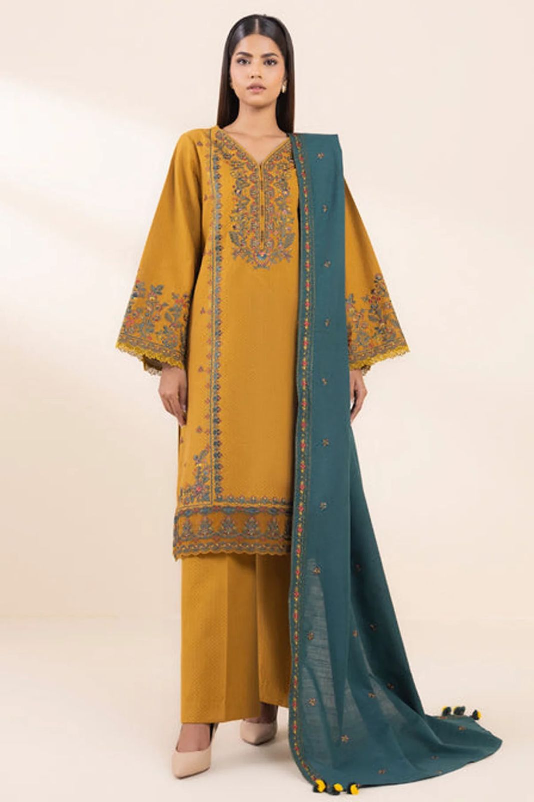 JAZMIN-3PC DHANAK EMBROIDERED SHIRT WITH DHANAK EMBROIDERED SHAWL & TROUSER-DPC-3374