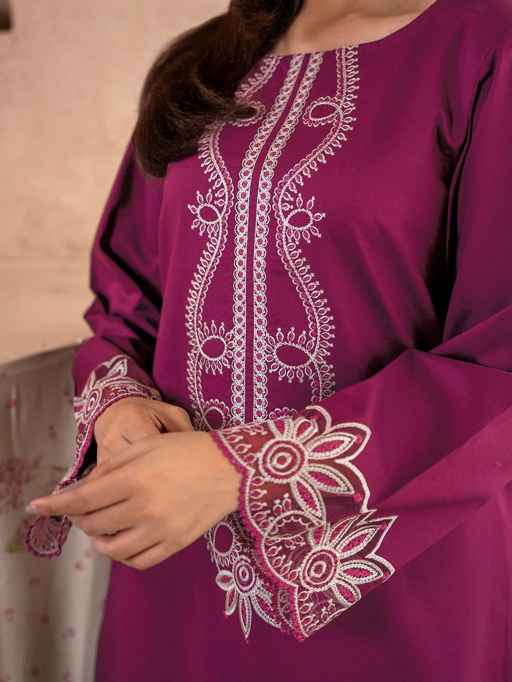 ‎URGE-2PC DHANAK EMBROIDRED SHIRT WITH DHANAK EMBROIDRED SLEEVES-DPC