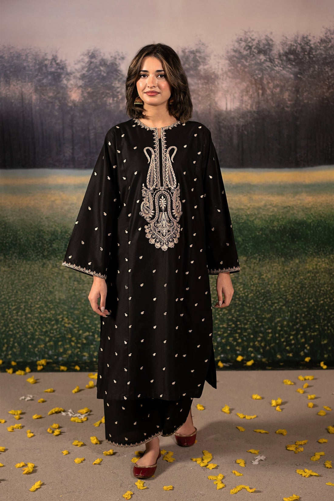 URGE-3PC DHANAK EMBROIDERED SHIRT WITH COUTRAI PRINTED SHAWL & DHANAK EMB TROUSER-4154
