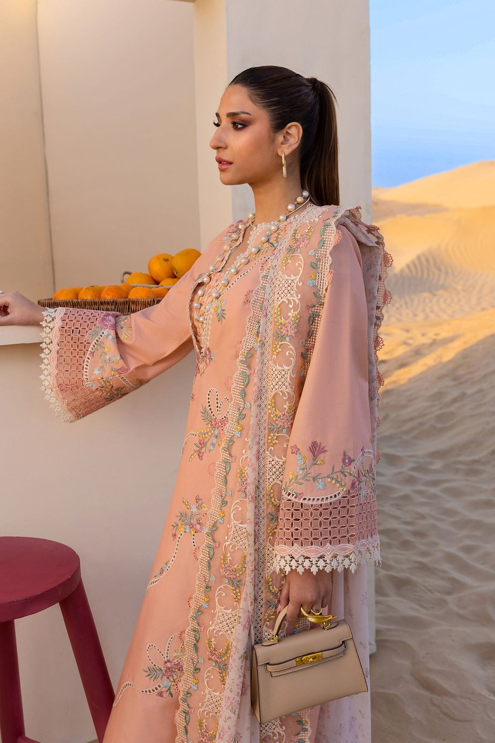 GARNET-3PC DHANAK EMBROIDERED SHIRT WITH DHANAK EMBROIDERED SHAWL & TROUSER-DPC-29