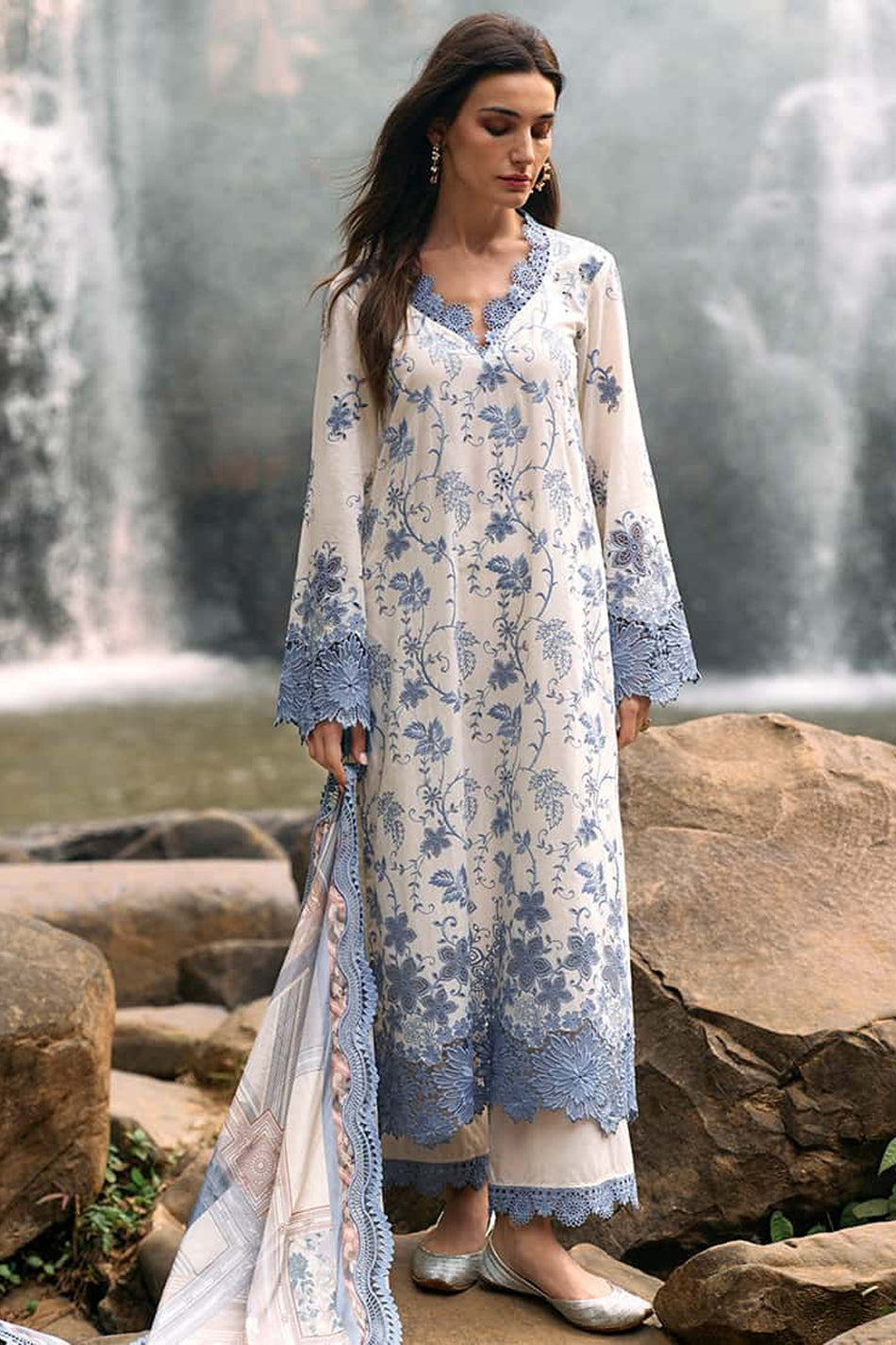 IMAGE-3PC DHANAK EMBROIDERED SHIRT WITH COURTAI PRINTED SHAWL & TROUSER-DPC-4099