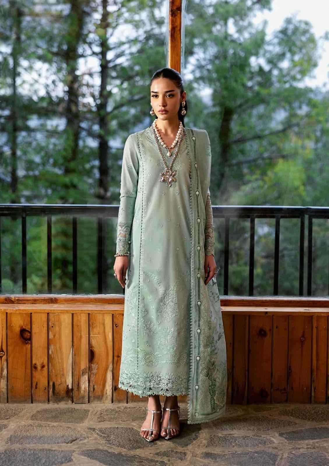QALAMQAR-3PC DHANAK EMBROIDERED SHIRT WITH DHANAK EMBROIDERED SHAWL AND TROUSER-DPC-4366