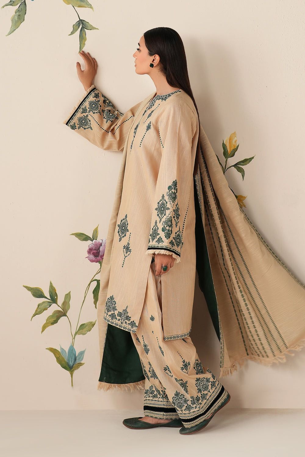 BAROQUE-3PC DHANAK EMBROIDERED SHIRT WITH DHANAK EMBROIDERED SHAWL AND EMB TROUSER-DPC-4320