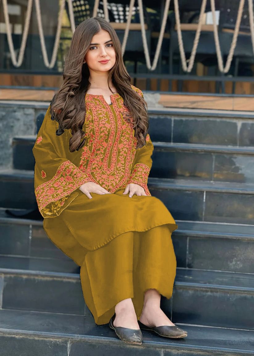 URGE-2PC DHANAK EMBROIDRED SHIRT WITH DHANAK EMBROIDRED SLEEVES-DPC-138