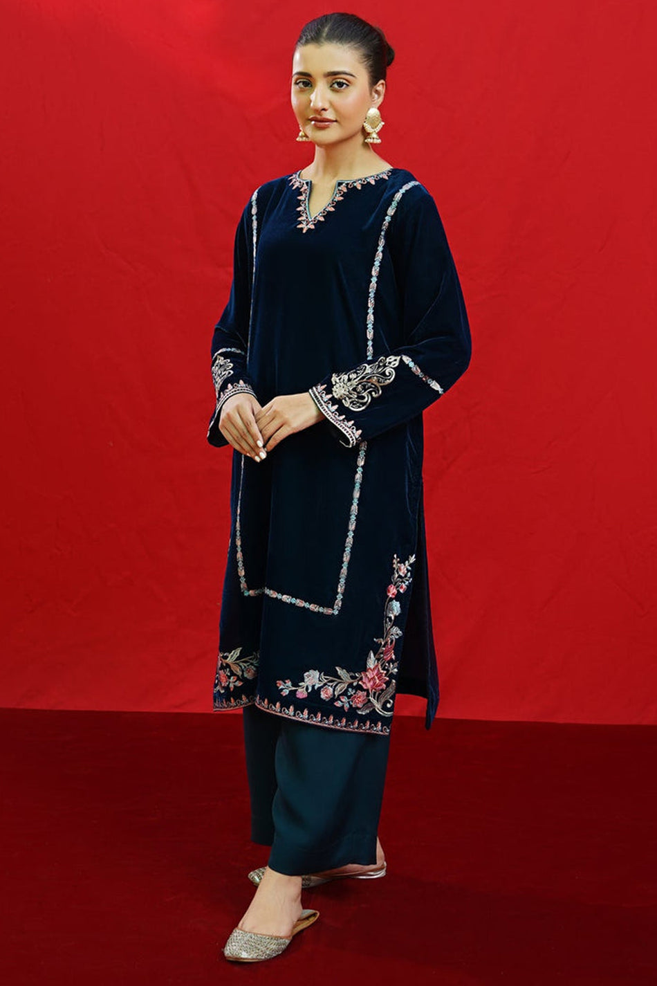 URGE -2PC Velvet Heavy Embroidered Shirt With Velvet Embroidered Sleeves-DPC-D23