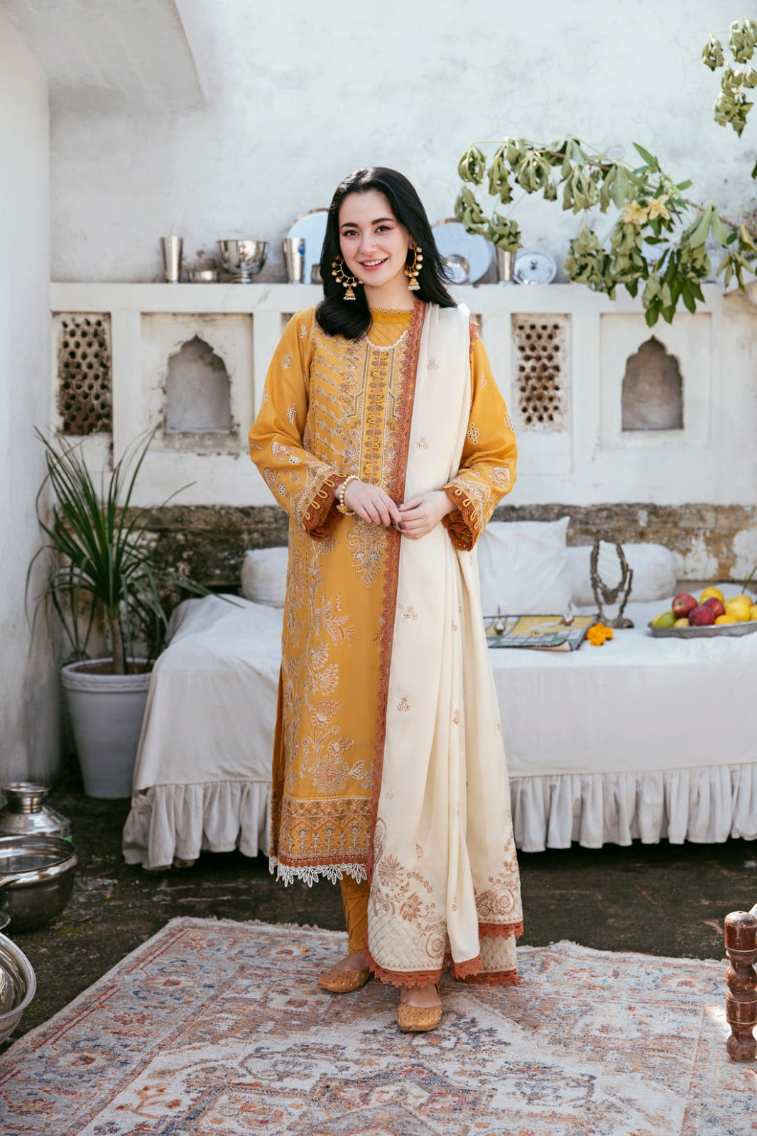 FLORENT-3PC DHANAK EMBROIDERED SHIRT WITH DHANAK EMBROIDERED SHAWL AND TROUSER DPC-117