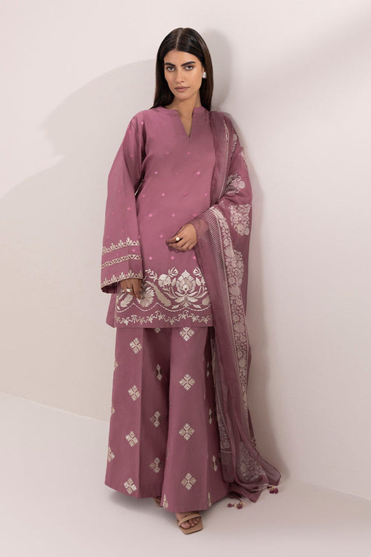 SAPPHIRE-3PC DHANAK EMBROIDERED SHIRT COUTRAI PRINTED SHAWL & EMB TROUSER-DPC-4055