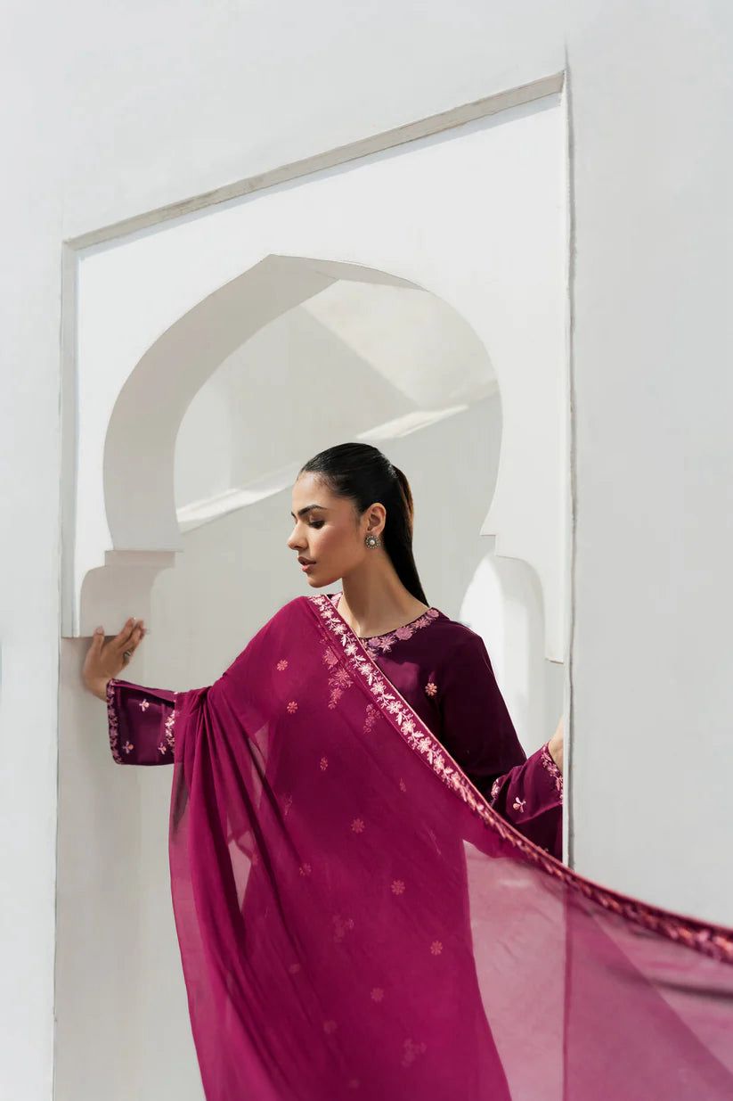 SAPPHIRE-3PC DHANAK EMBROIDERED SHIRT WITH CHIFFON EMBROIDERED DUPATTA AND TROUSER-DPC-4035