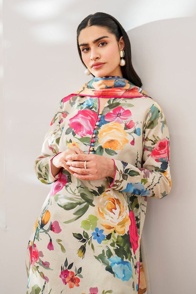 BAROUQE-3PC KARANDI PRINTED SHIRT WITH KARANDI PRINTED DUPATTA AND TROUSER-DPC-2585