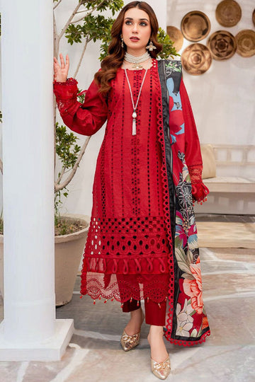 ZAINAB CHOTANI - 3PC CHIKENKARI LAWN EMBROIDERED WITH MONARK PRINT DUPATTA-DPC-4054-RED