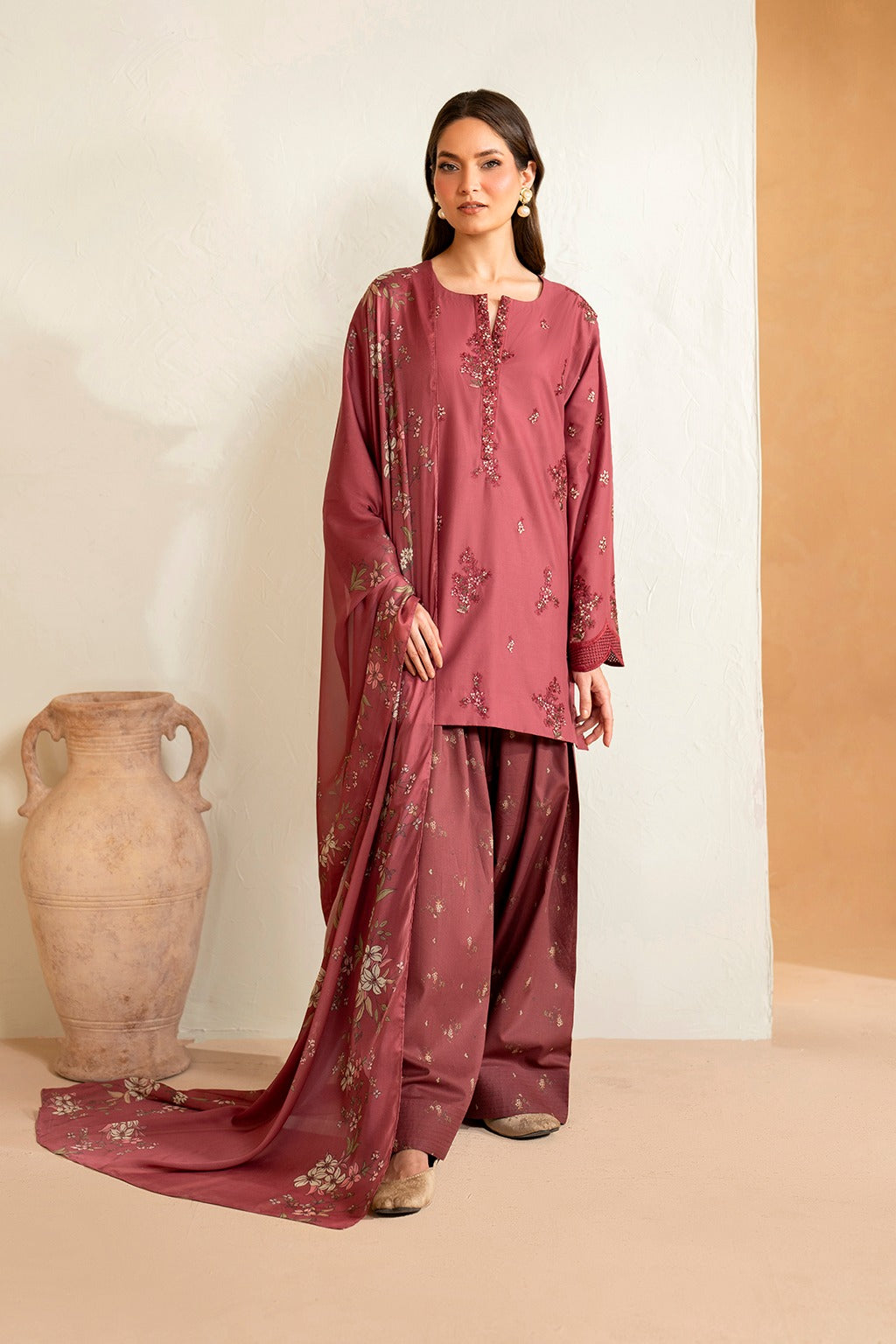 IZNIK-3PC DHANAK EMBROIDERED SHIRT WITH COURTRAI PRINTED SHAWL AND EMB TROUSER-DPC-136