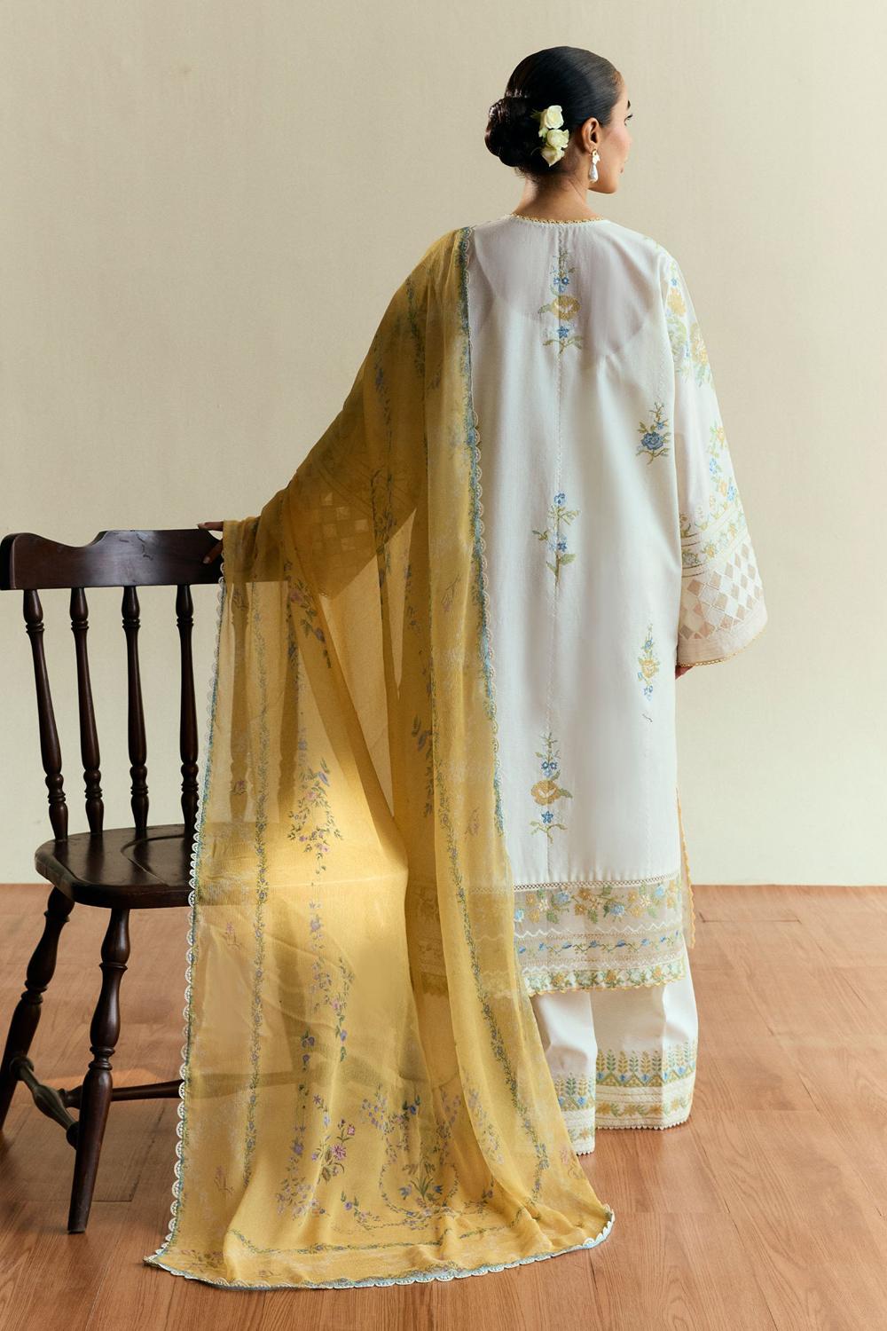 MUSHQ-3PC DHANAK EMBROIDERED SHIRT WITH COUTRAI PRINTED SHAWL & DHANAK EMB TROUSER-1129