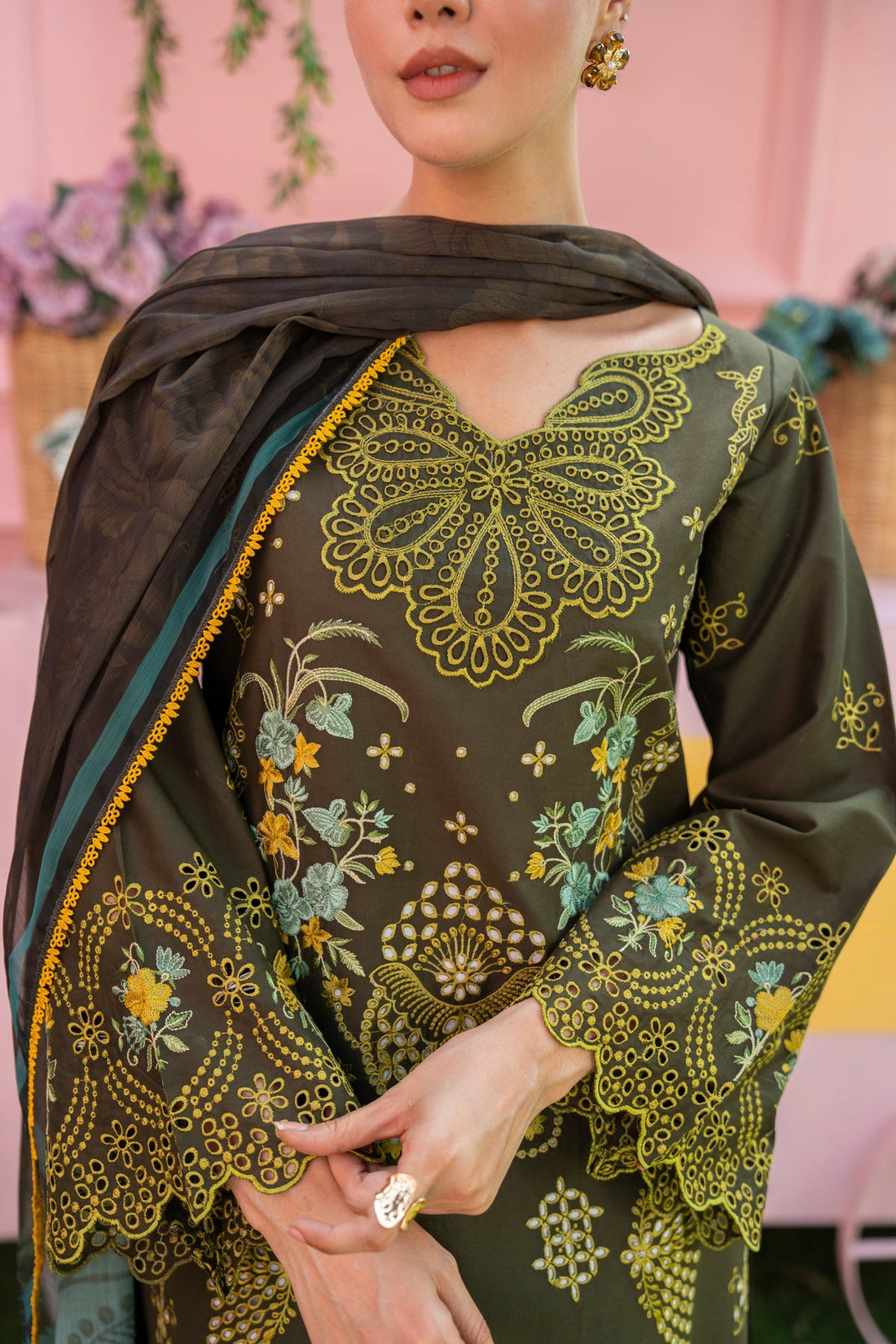 MIRAKHI - 3PC LAWN EMBROIDERED SHIRT WITH CHIFFON PRINTED DUPATTA AND TROUSER -DPC-3807