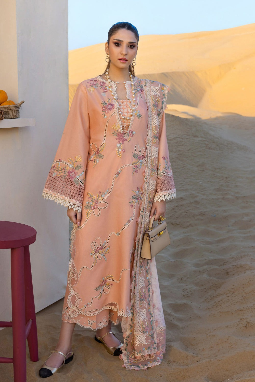 GARNET-3PC DHANAK EMBROIDERED SHIRT WITH DHANAK EMBROIDERED SHAWL & TROUSER-DPC-29