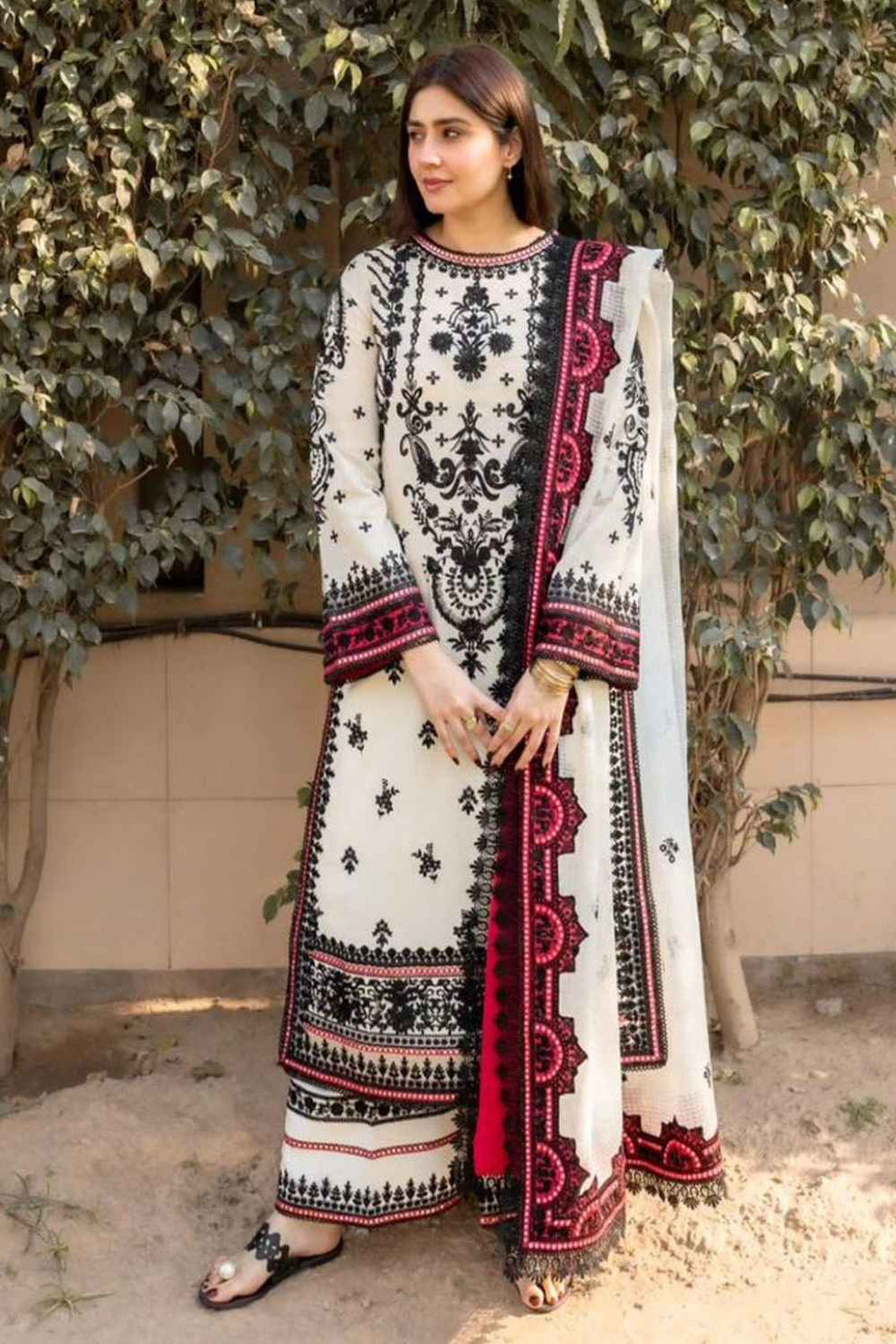 MEHWAR-3PC DHANAK EMBROIDERED SHIRT WITH KASHMIRI JACQUARD WOOL SHAWL AND EMB TROUSER -DPC-1501