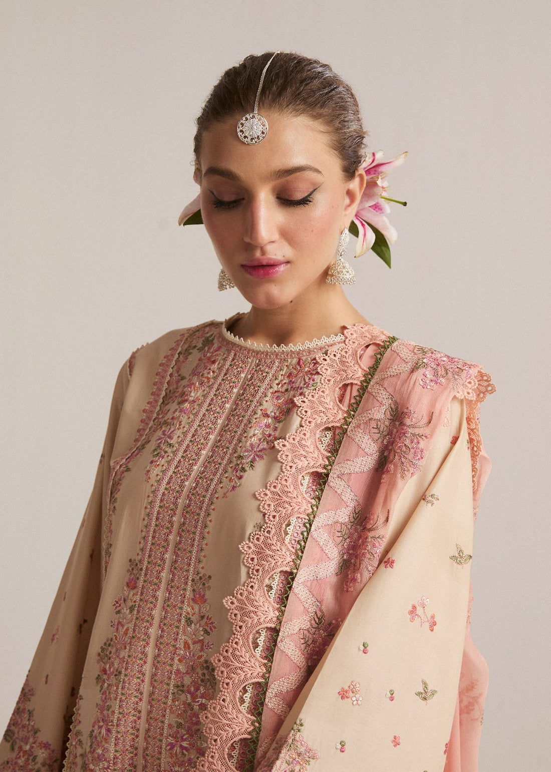 HUSSAIN REHAR-3PC DHANAK EMBROIDERED SHIRT WITH DHANAK EMB SHAWL AND EMB TROUSER-DPC-4261
