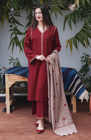 AiSLING-3PC DHANAK EMBROIDERED SHIRT DHANAK EMBROIDERED SHAWL AND EMB TROUSER-DPC-4237