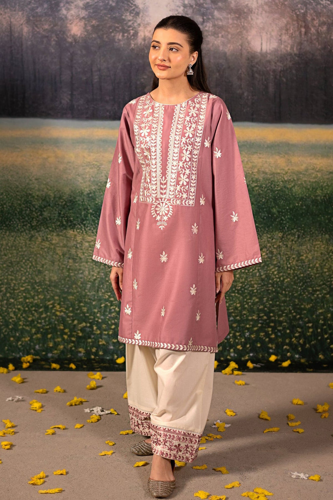 URGE-3PC DHANAK EMBROIDERED SHIRT WITH COUTRAI WOOL PRINTED SHAWL AND EMB TROUSER-DPC-4086