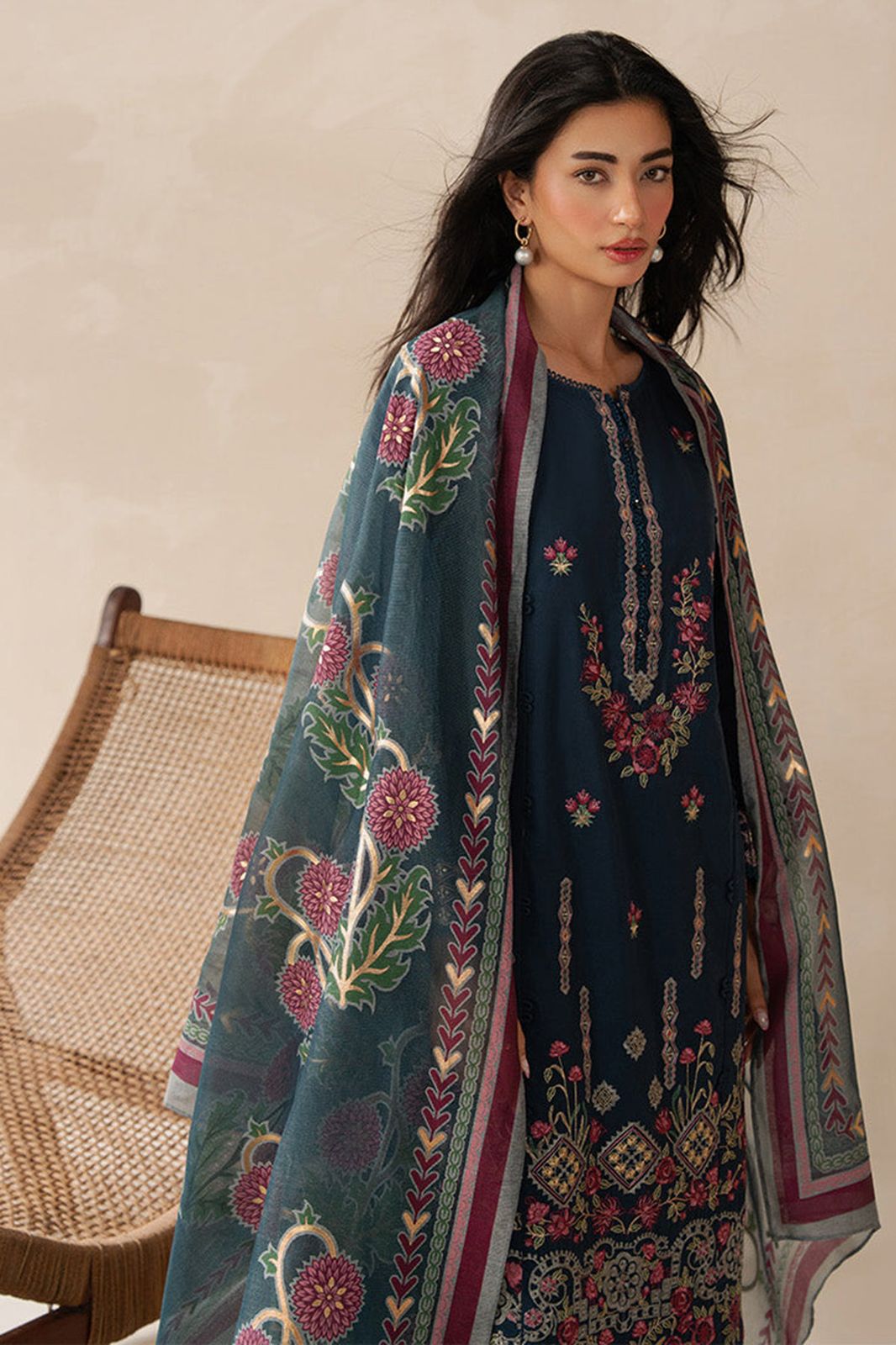 BEECHTREE-3PC DHANAK EMBROIDERED SHIRT WITH COURTRAI WOOL PRINTED SHAWL AND TROUSER -DPC-4310