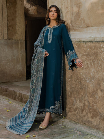 IZEL-3PC DHANAK EMBROIDERED SHIRT WITH COURTRAI PRINTED SHAWL & TROUSER-DPC-161