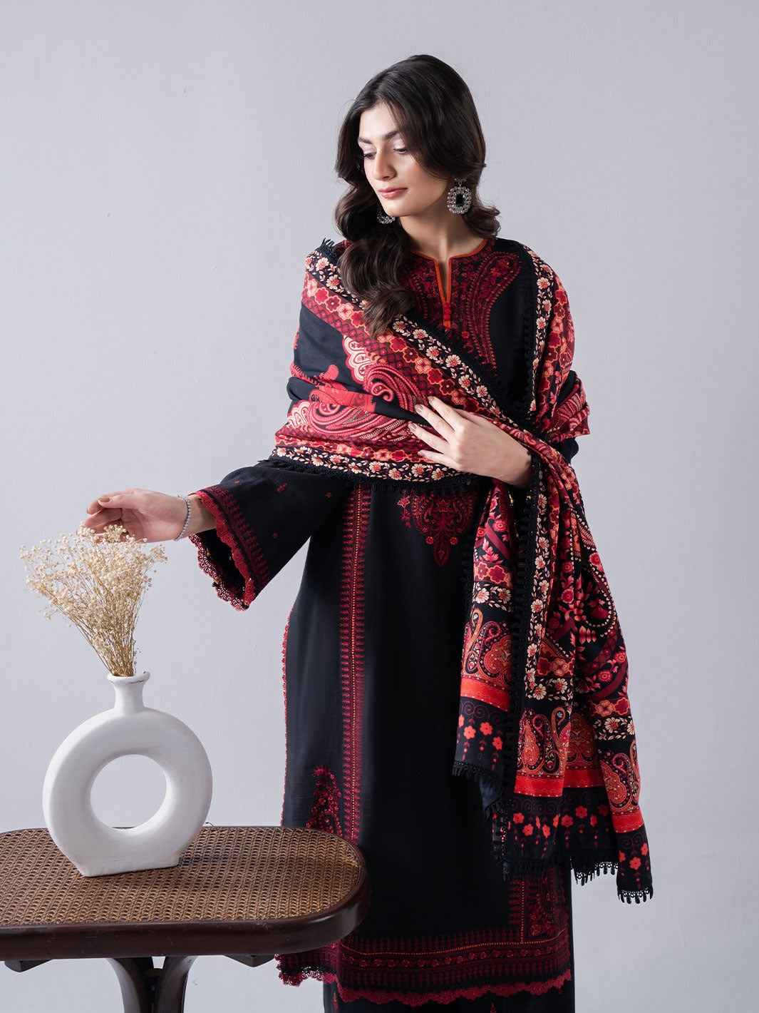 BATIK-3PC DHANAK EMBROIDERED SHIRT WITH DHANAK EMBROIDERED SHAWL & EMB TROUSER-DPC-164